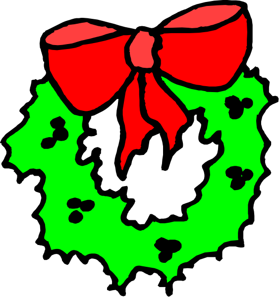 The image shows a cartoon depiction of Christmas decorations with red ribbon tied around it on top left corner against black background.