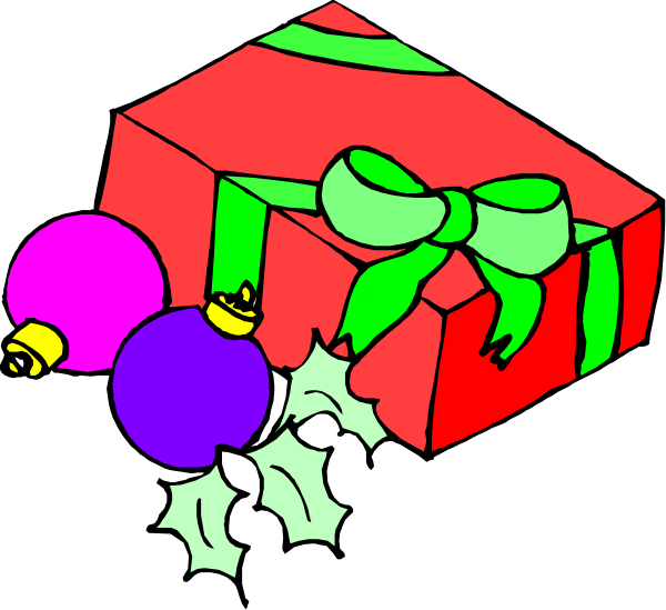 The black and white illustration shows a gift box with ribbon on top placed next to three Christmas balls that have been knocked over onto their sides; there is no text present in this image.
