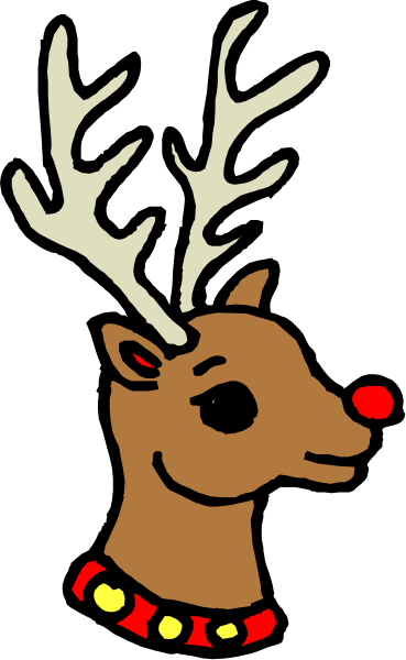 The image shows a cartoon reindeer with red antlers wearing a Santa hat and necklace against a black background.