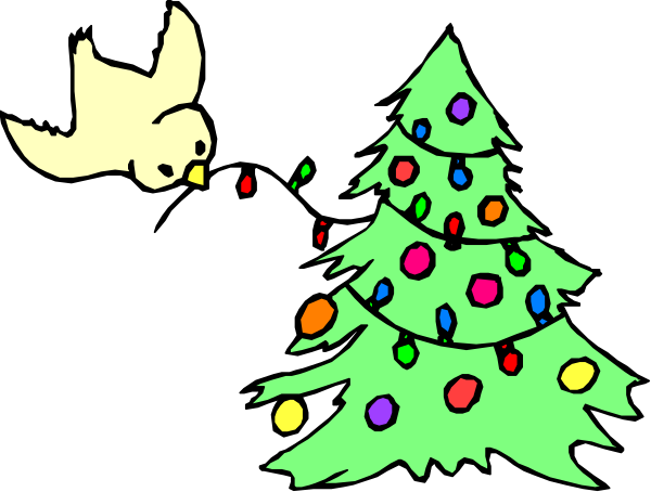 The image shows a cartoon of an owl flying towards Christmas tree lights with presents underneath it against a black background.