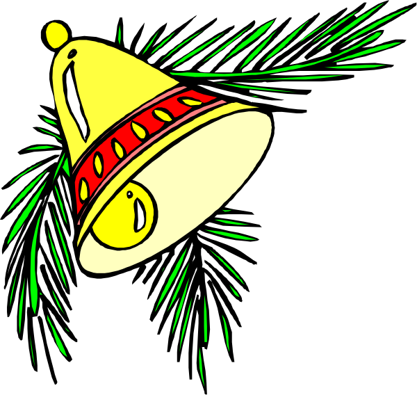 The image shows a cartoon depiction of fireworks with an illustration of a bell on top against a dark background adorned with green palm leaves at bottom right corner.