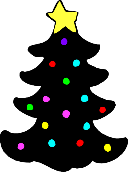 The image shows a Christmas tree with colorful lights against a black background at nighttime.