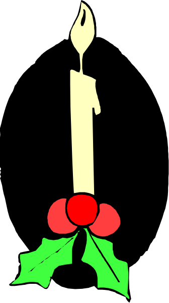 The image shows a candle with two wicks on either end of it placed between holly leaves atop what appears to be an evergreen branch; there is no text present in this clip-art illustration, and its background color contrasts sharply against both elements for emphasis.