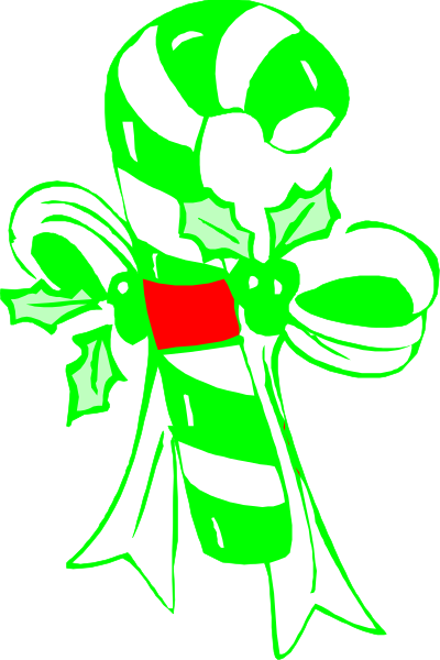 The image shows a green candy cane with red stripes on it placed against a black background.