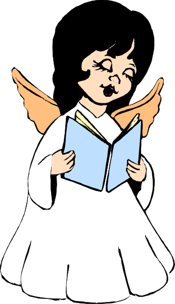 The image shows a cartoon of an angel holding an open book with wings on its back; it is set against a black background.
