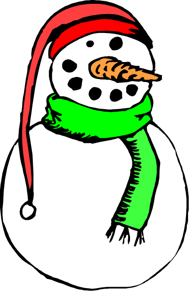 The cartoon depicts a snowman wearing a Santa hat with white fur around its neckline; it has two black dots for eyes, an orange carrot nose, and is holding what appears to be mistletoe in one hand while standing on top of some green grass under the sky.