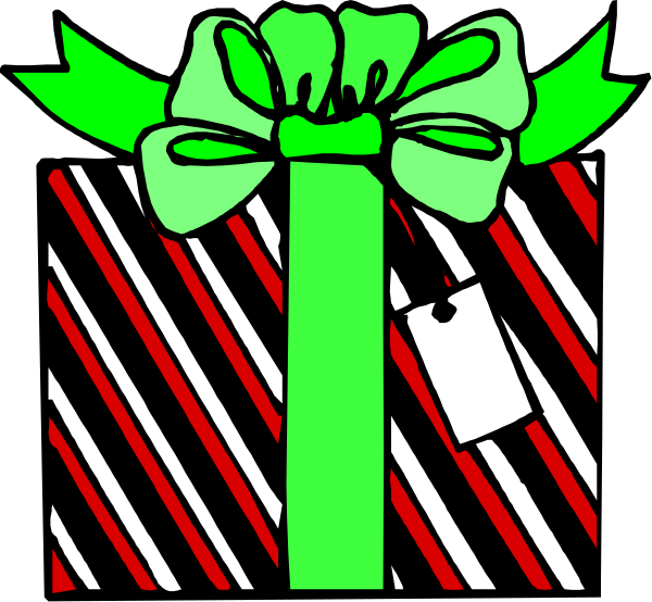 The image shows a gift with red ribbon tied around it, placed on top of striped wrapping paper that has black lines forming an X pattern across its center.