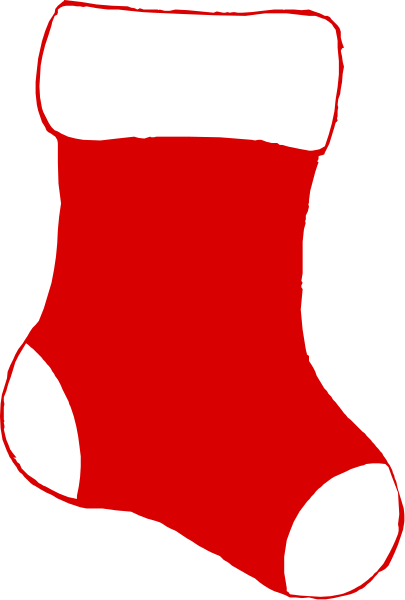 The image shows a red sock with white trim on it hanging from an unseen object against a gray background.