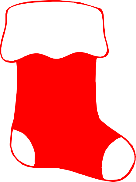 The image shows a red Christmas stocking with white trim hanging on an unseen surface against a black background.
