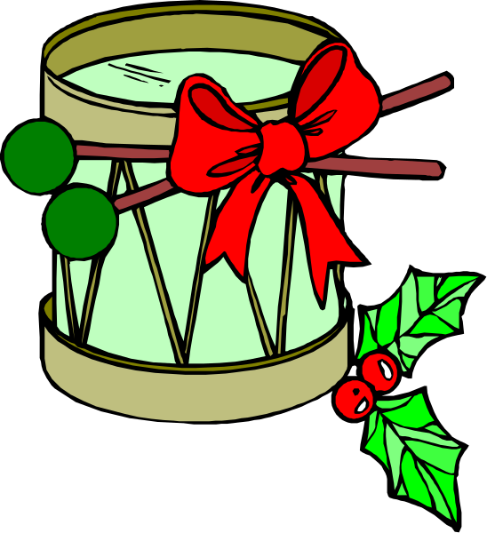 The illustration shows a traditional Christmas drum with red ribbon tied around it placed next to holly leaves on what appears to be an outdoor surface during wintertime.