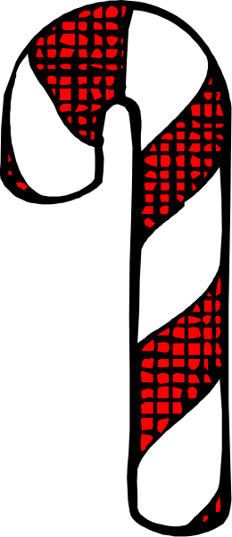 The image shows a candy cane with red stripes against a black background on the left side of the frame; there is no text present in this clip-art image.