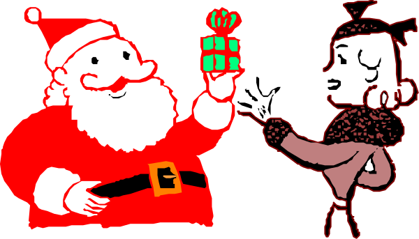 The image features a cartoon depiction of Santa Claus holding out his hand with what appears to be a gift box in it towards another character who is pointing at him while standing on one leg; both characters have exaggerated facial expressions and appear animated, suggesting this might be from an animation or comic strip.