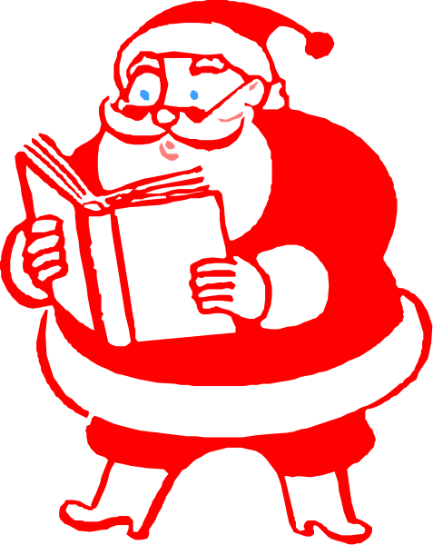 The image shows a cartoon of Santa Claus holding an open book with his left hand while standing on what appears to be a red surface; he is wearing traditional Christmas attire including boots and gloves in shades of white, black, and gray.