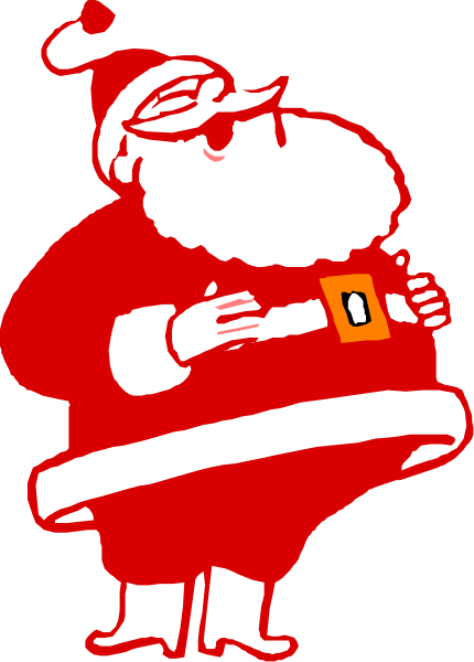The image shows a cartoon of Santa Claus holding up an envelope with his left hand while standing on top of it in front of him.