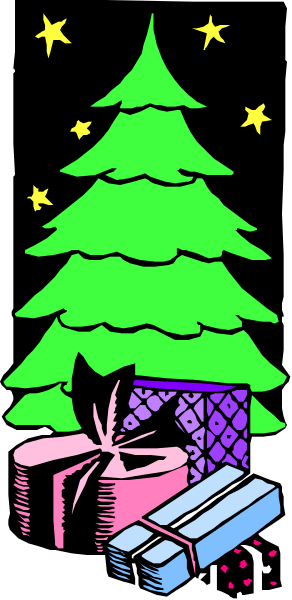 The image shows a Christmas tree with presents underneath it on top of a gift box that is placed next to an open fireplace in front of which hangs stockings; above them all floats Santa Claus, and below him flies his sleigh pulled by reindeer against a night sky background.