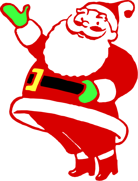 The image shows a cartoon representation of Santa Claus performing an action pose with his arms outstretched as if dancing or waving to someone off-camera.