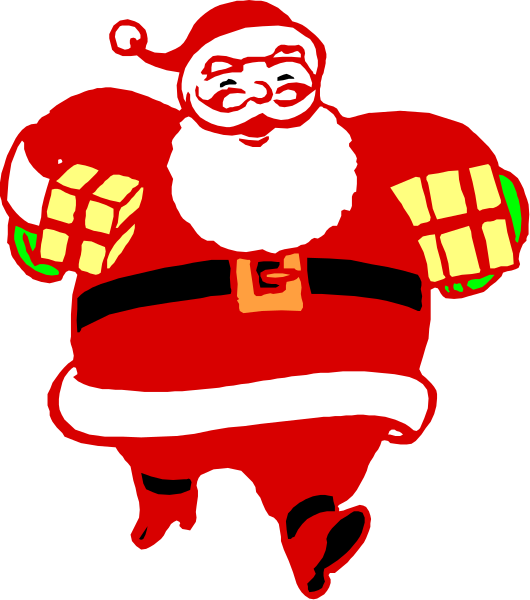 The image shows a cartoon of Santa Claus with an exaggeratedly large belly running towards something on his left side while holding two presents in each hand.