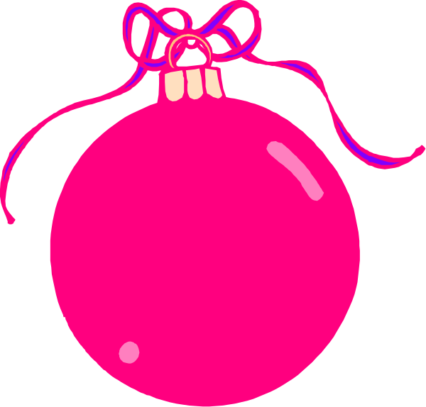 The image shows a pink Christmas ball with two red bows on it against a white background.