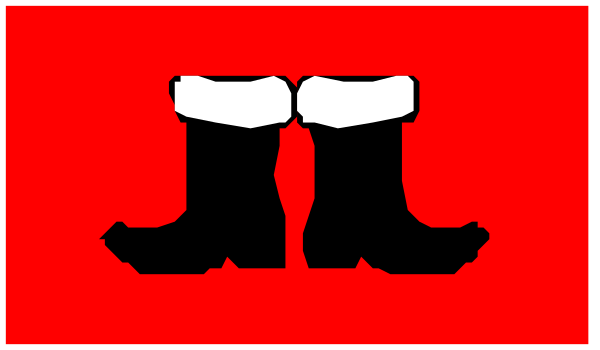 The image shows a red banner with black text that reads "Jingle Bells" at both ends of it; in between is an illustration depicting two boots standing upright on their heels against each other, suggesting motion and rhythm as if dancing to jingle bell music.