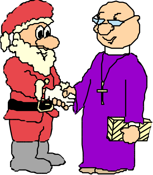 The cartoon depicts a priest shaking hands with Santa Claus while holding an open book.