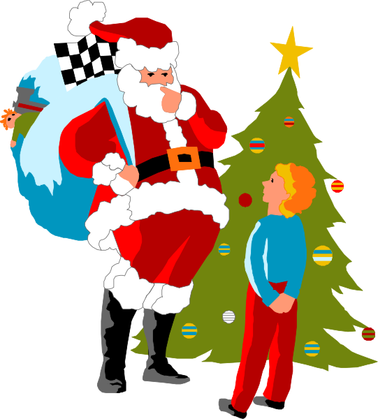 The illustration depicts a cartoon Santa Claus standing next to an evergreen Christmas tree with decorations on it while holding presents in his hands; he is looking down at another figure who appears to be a child, possibly waiting for gifts during what seems like the holiday season.