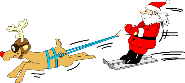 The image shows a cartoon depiction of Santa Claus riding on reindeer with his sleigh being pulled by them while an excited dog is running alongside in mid-air behind him, all set against a black background.