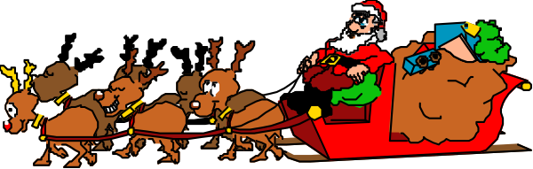 The image shows a cartoon depiction of Santa Claus riding on reindeer with his sleigh through what appears to be snowy surroundings during Christmas time.