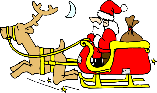 The illustration depicts a cartoon Santa Claus riding on a sleigh pulled by reindeer under what appears to be night sky with stars visible in the background.