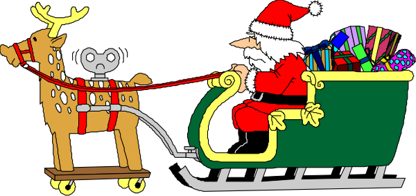 The cartoon depicts Santa Claus riding a sleigh pulled by reindeer with Rudolph leading; there is also an elf in front of them holding presents.