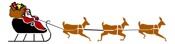 The image shows a cartoon depiction of Santa Claus riding on reindeer with his sleigh through what appears to be snowy skies at nighttime.