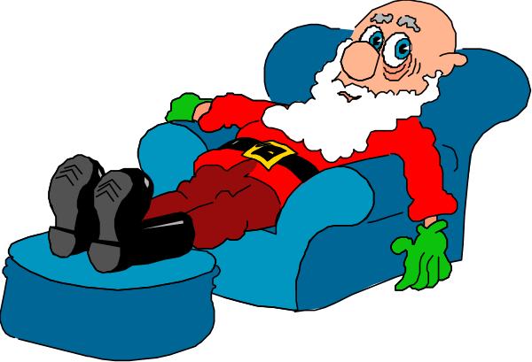 The cartoon depicts a man dressed as Santa Claus sitting on an armchair with his feet up while wearing green gloves that have claws like those of a cat's paw.