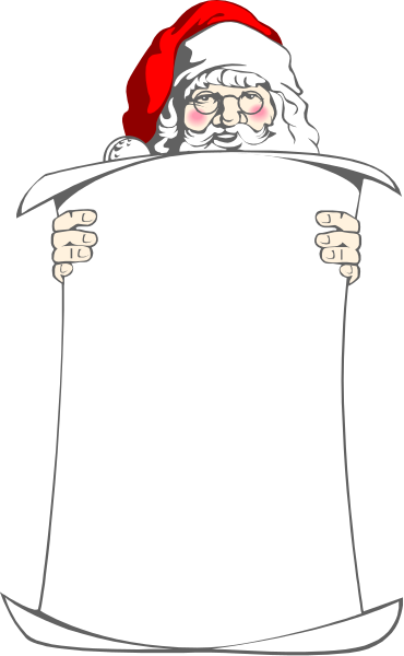 The image features a cartoon of Santa Claus holding an oversized scroll with text on it against his chest while standing in front of what appears to be a Christmas tree background.