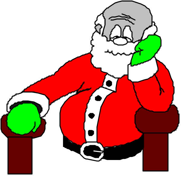 The image shows a cartoon of Santa Claus sitting on an armchair with his legs crossed over each other while holding what appears to be a book in one hand. He is wearing traditional red suit attire, including boots and gloves, along with green mittens that have black dots for eyes.