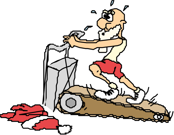 The cartoon shows a man pushing an object that looks like a large weightlifting barbell with weights on it towards what appears to be a scale in preparation for weighing himself while exercising at home during lockdown, surrounded by various exercise equipment and workout gear such as dumbbells and sports balls.