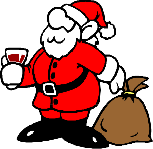 The cartoon depicts Santa Claus holding a bag of presents while standing next to two bags filled with gifts; he is also carrying an empty wine glass in his other hand.
