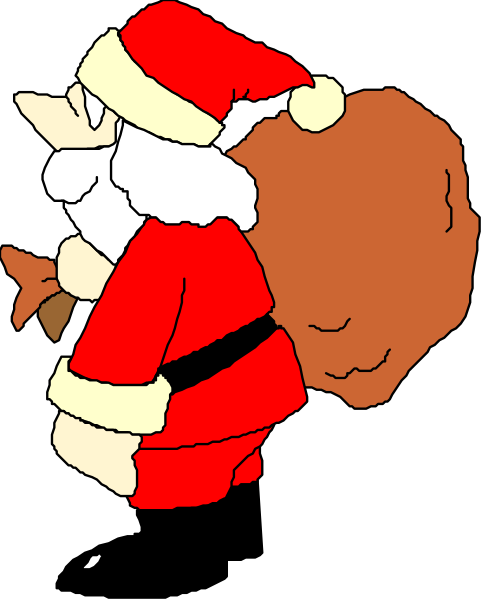 The image shows a cartoon of Santa Claus carrying a sack over his shoulder while standing on what appears to be snow-covered ground with trees in the background.