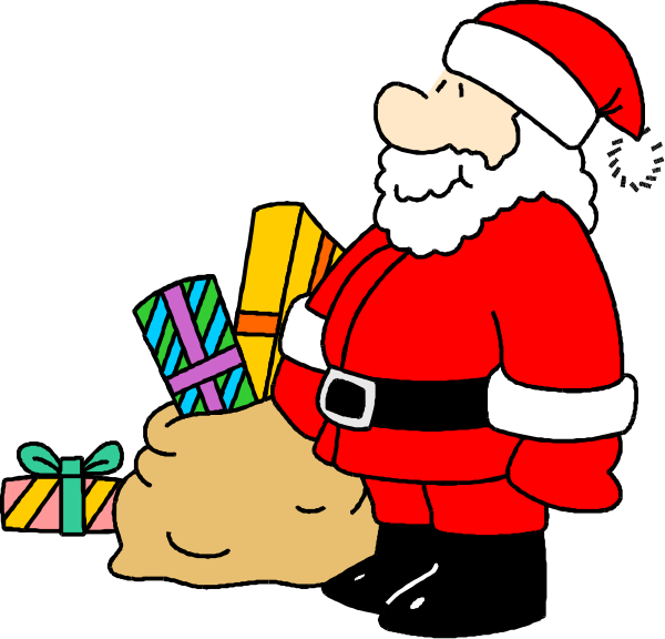 The cartoon depicts Santa Claus standing next to a bag of presents with colorful ribbons on it; he is holding two wrapped gifts in his hands while wearing traditional red suit trimmed at cuffs and waist, black belt around middle, white beard, and hat adorned with pompom.