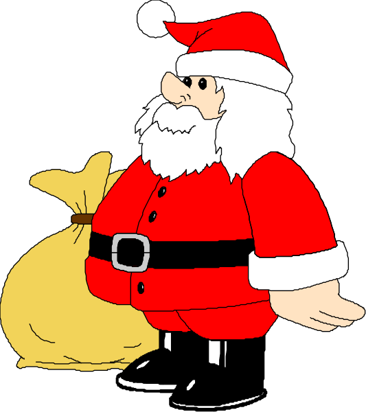 The cartoon depicts Santa Claus standing next to a sack of presents with his arm outstretched as if he is about to pick it up; there's also an image of a dog in front of him, and both characters appear happy against a black background.