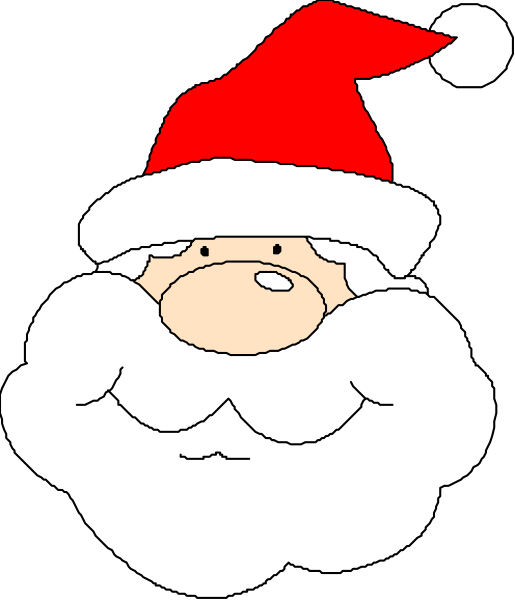 The image shows a cartoon depiction of Santa Claus wearing his traditional red suit with white trim around the cuffs and collar, black boots, and a large santa hat adorned with pompom balls at each end; he is smiling broadly while looking directly ahead towards us.