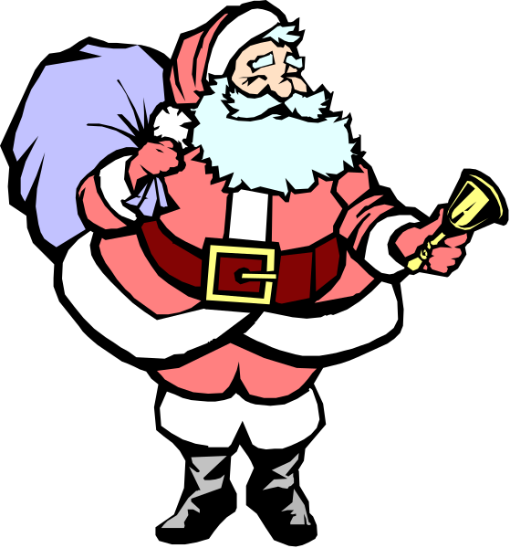 The illustration shows a cartoon depiction of Santa Claus holding a bag with what appears to be presents inside it in his left hand while wearing red pants trimmed at the bottom by white fur; he is also carrying an object that looks like a bell, and there's another smaller item resembling a gift or stocking. He has on boots and gloves as well.