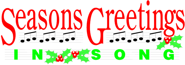 The image shows a Christmas greeting with text that reads "Seasons Greetings Song" at the bottom of an illustration featuring red lettering on white background above it.