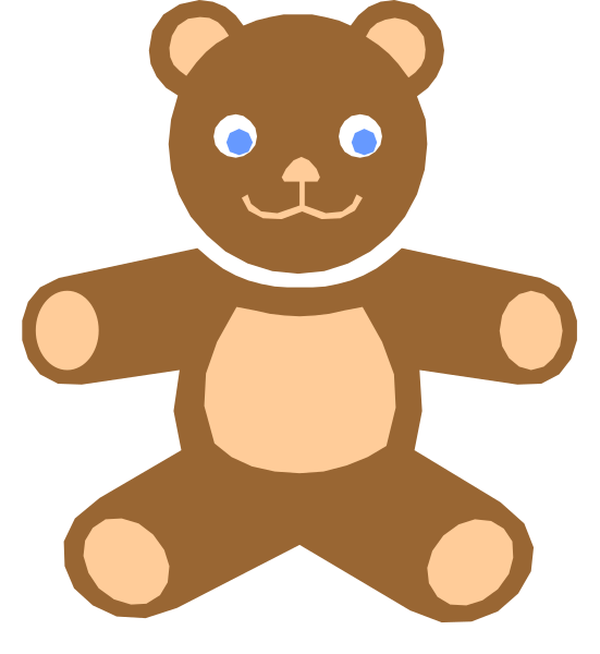 The image shows a cartoon teddy bear with blue eyes sitting upright against a plain background.