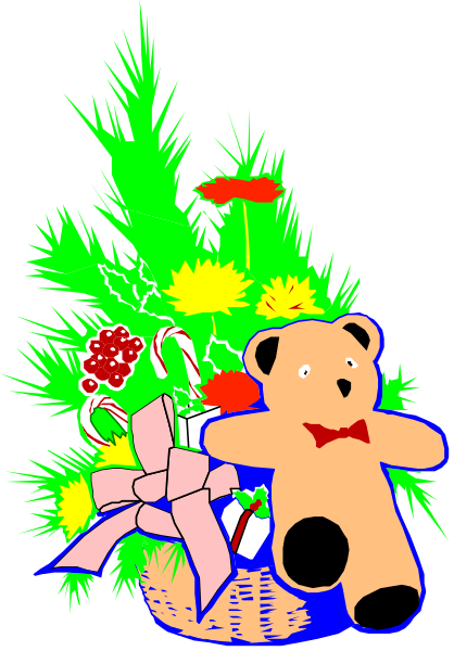 The image shows a Christmas tree with presents at its base, topped by teddy bear figurines holding red roses; there is also an animated character of Winnie-the-Pooh in front of it all wearing a bow tie and standing next to two gift boxes tied together.