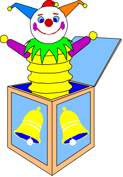 The image features a cartoon clown sitting inside an open treasure chest with gold bells hanging from it; there is no background detail provided in this clip-art illustration.