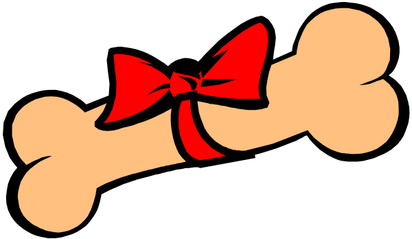 The image shows a cartoon dog with an exaggeratedly large bone on its head wearing a red bow tie, set against a black background.