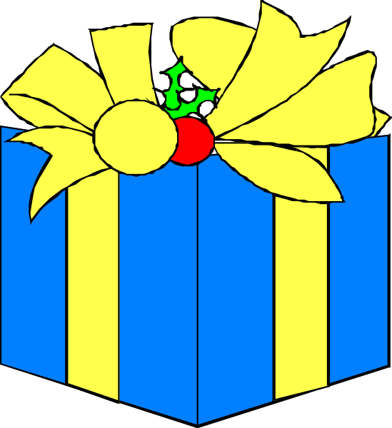 The image shows a blue gift box with yellow ribbon tied around it against a white background.