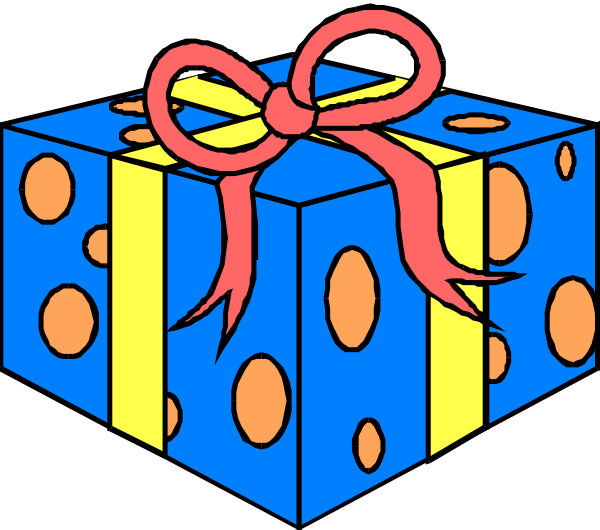 The image shows a colorful gift box with polka dots on it tied up by red ribbon, placed against black background.