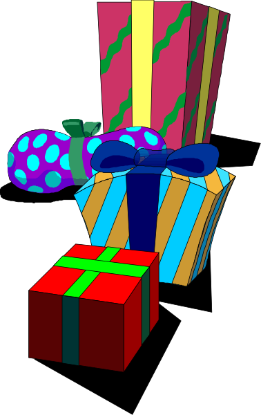 The image shows a collection of colorful gift boxes with ribbons tied around them against a dark background; there is no text present in this clip-art illustration.