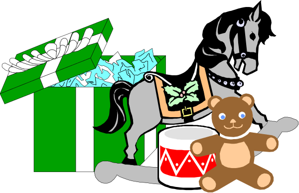 The image shows a black and white illustration of various items including presents with ribbons tied around them, an animated character that appears to be holding one present while standing on another, two teddy bears (one larger than the other), a horse's head peeking out from behind some wrapped gifts, and what seems like a small gift box in front. The style is cartoonish with simple lines defining objects and characters.