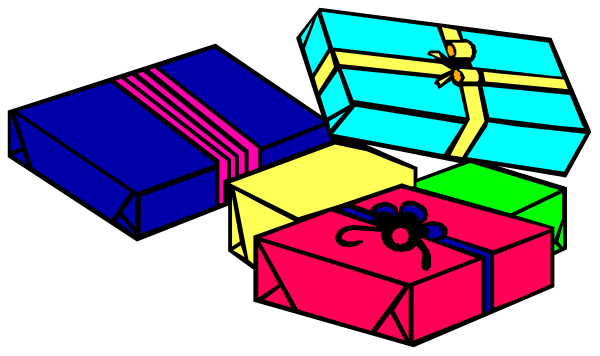 The image shows a collection of colorful gift boxes with ribbons tied around them on what appears to be a dark background; there is no text present in this clip-art illustration.